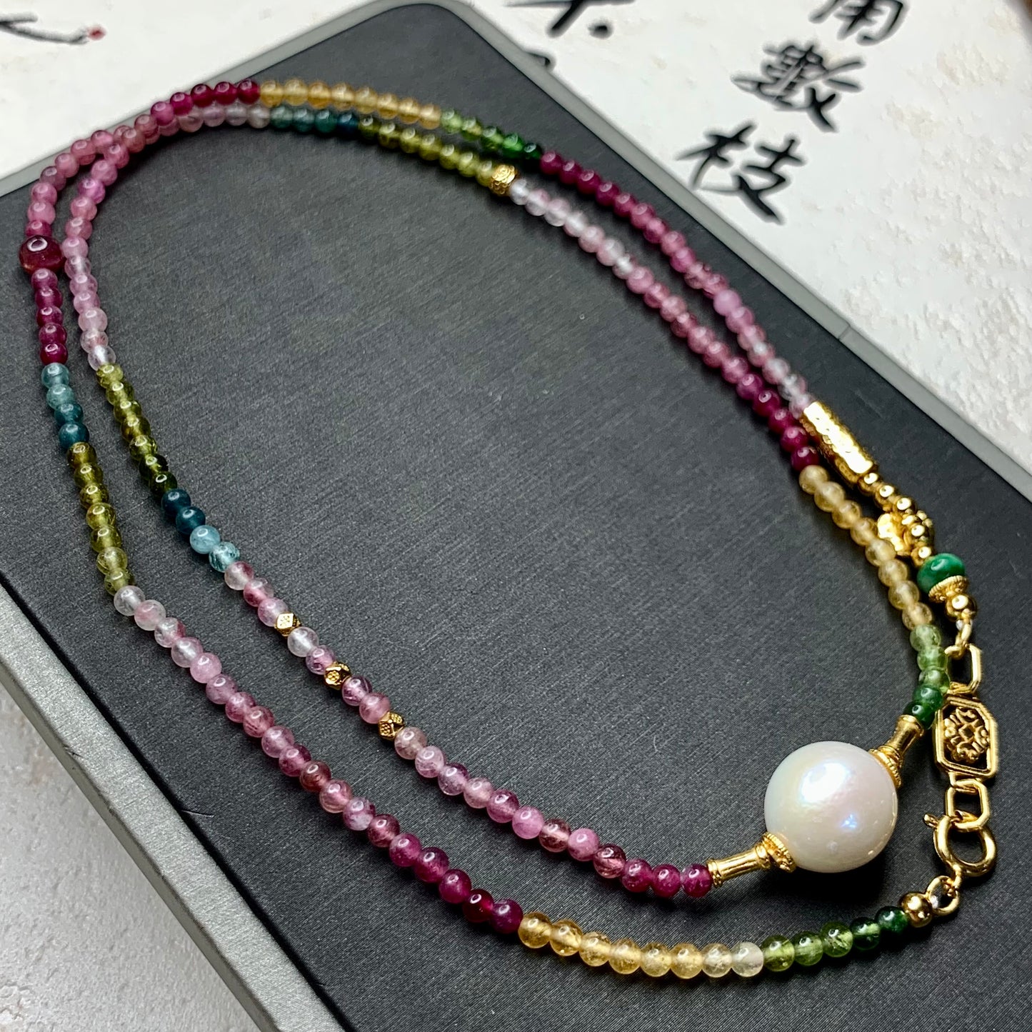 Natural Pearl Tourmaline Colored Millet Bead Necklace Bracelet Set of Two